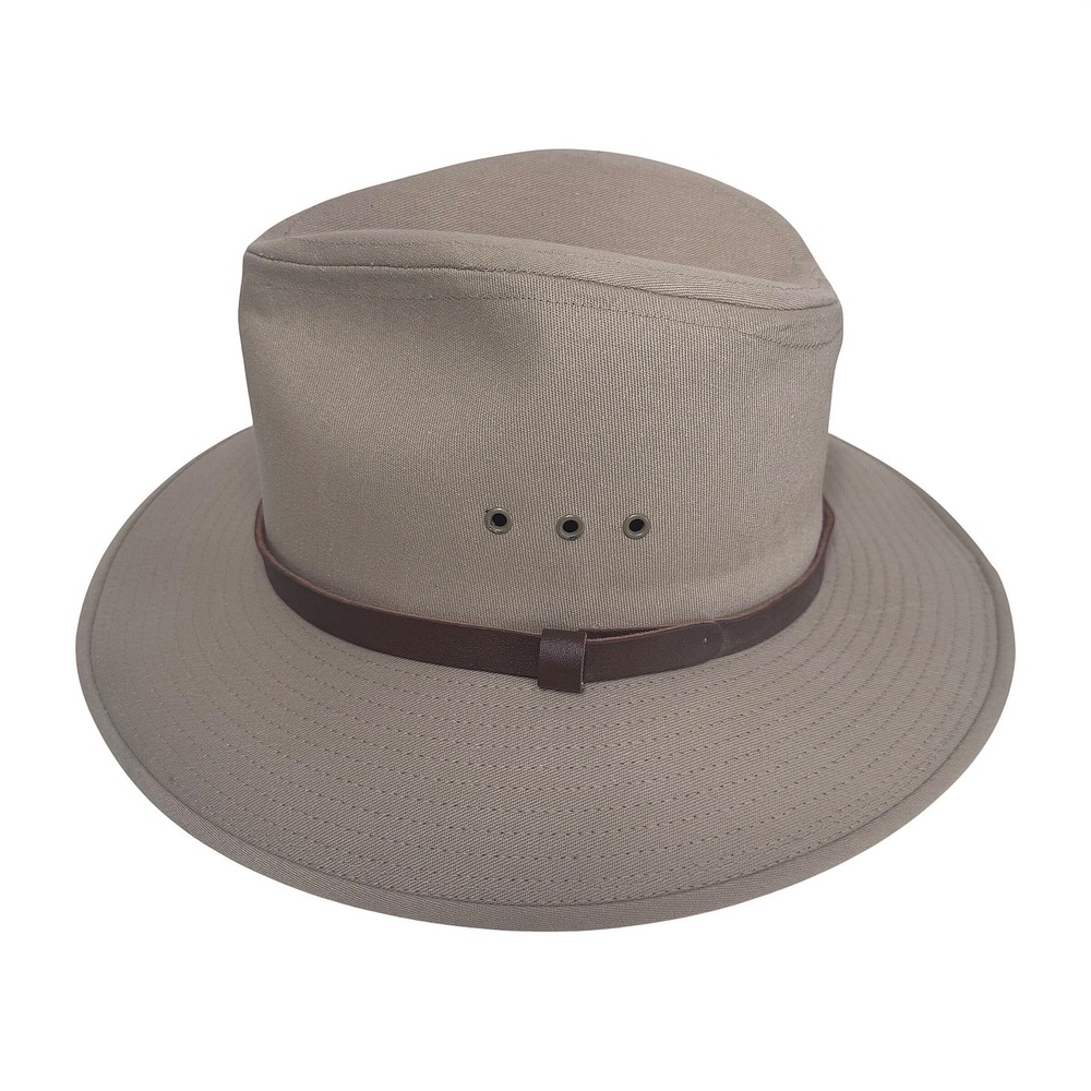 Goorin‎ Bros Tan Cotton Safari Fedora Hat Leather Band USA Small Outback Indiana